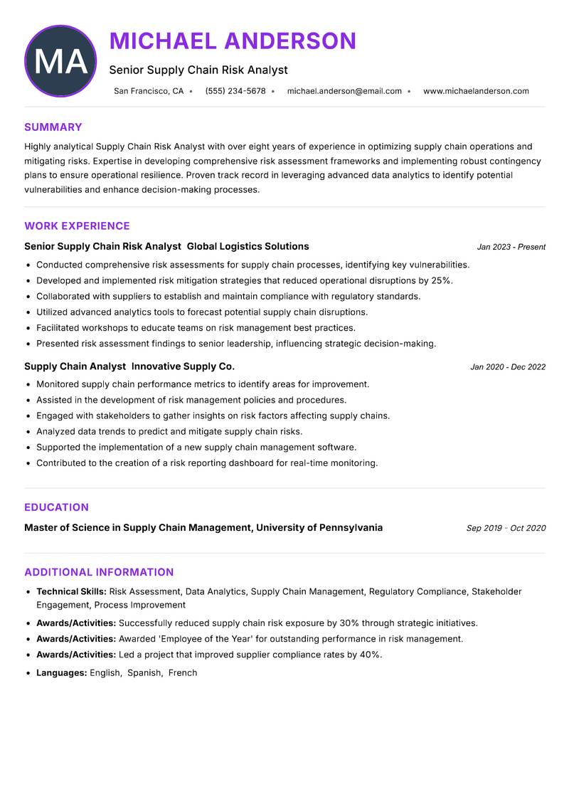 Supply Chain Risk Analyst resume example — ATS-friendly template