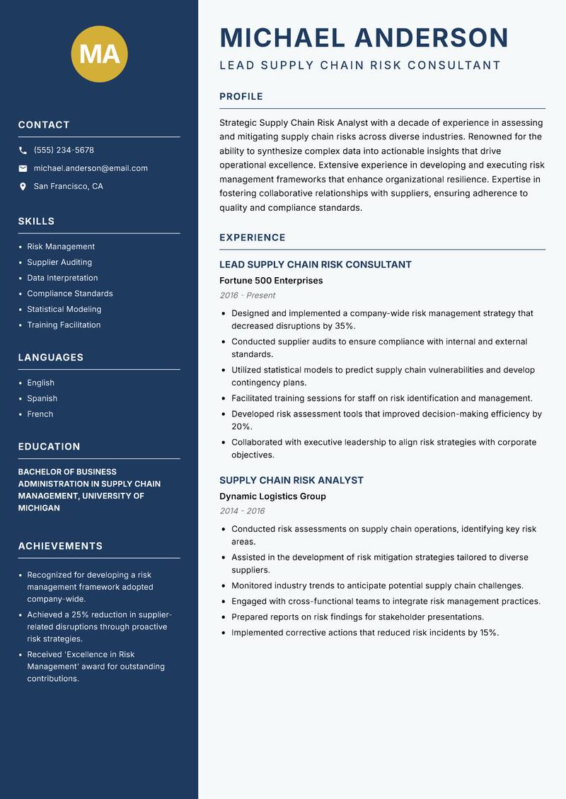 Supply Chain Risk Analyst resume template — Classic Clean
