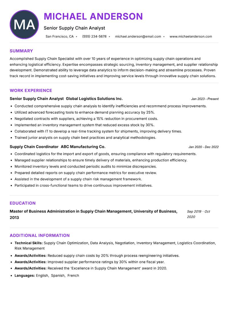 Supply Chain Specialist resume example — ATS-friendly template