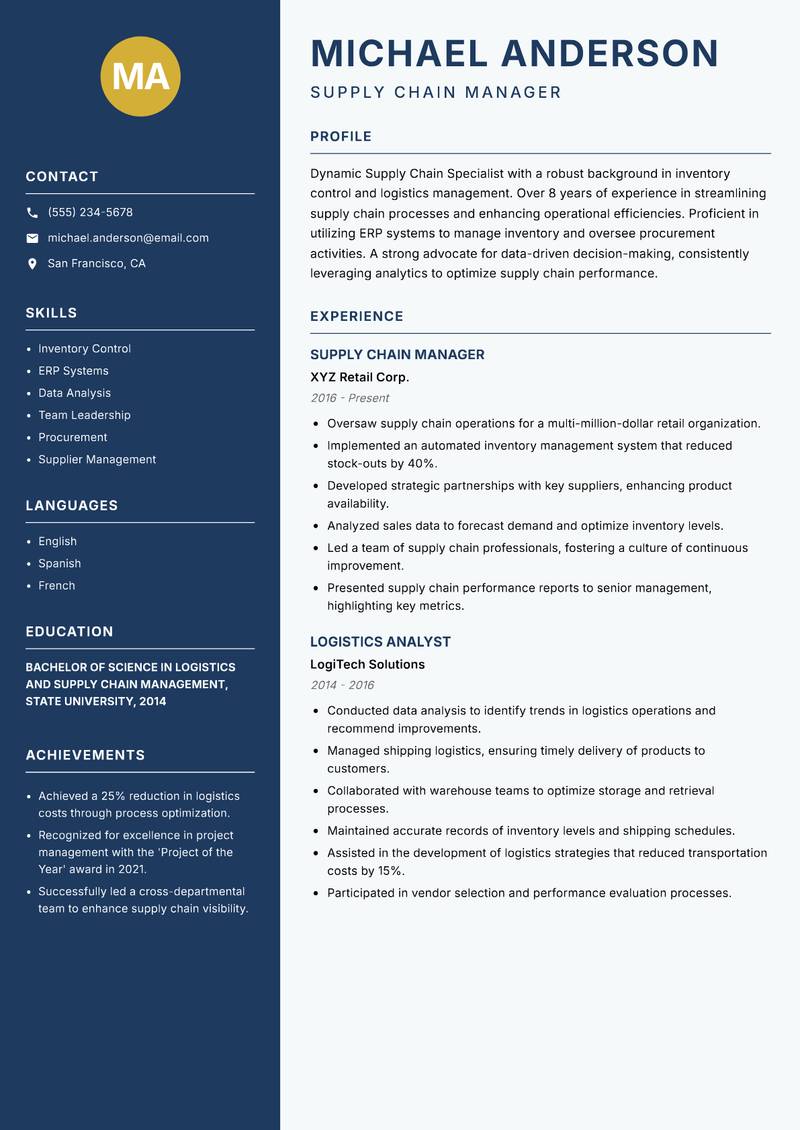 Supply Chain Specialist resume template — Classic Clean