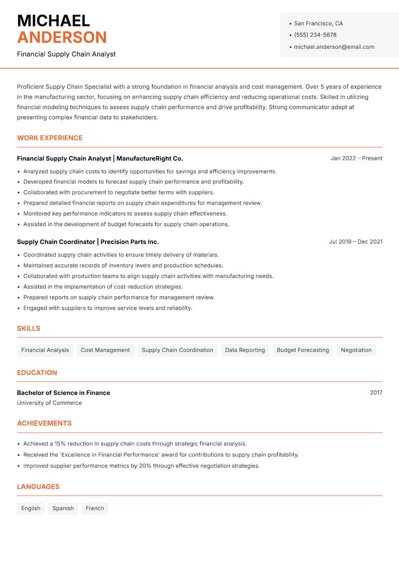 Supply Chain Specialist resume template — Modern Professional