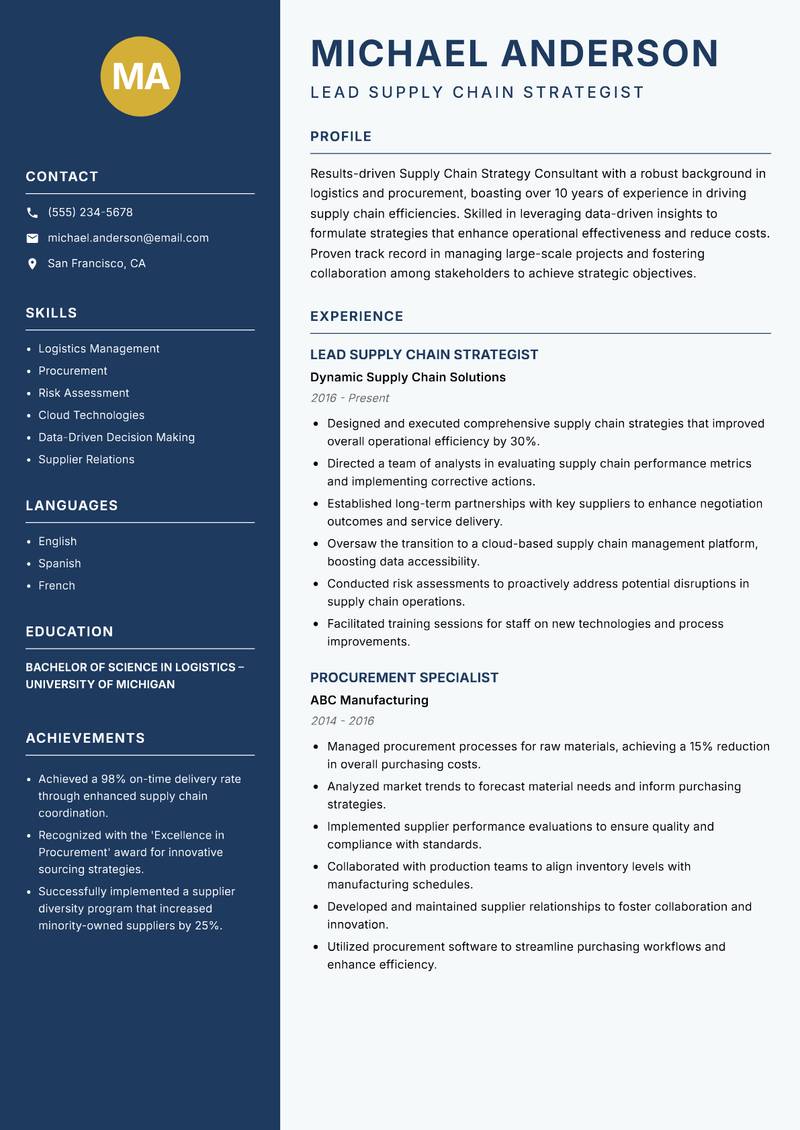 Supply Chain Strategy Consultant resume template — Classic Clean