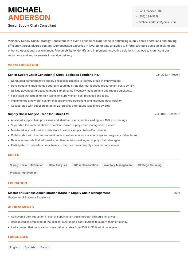 Supply Chain Strategy Consultant resume template — Modern Professional