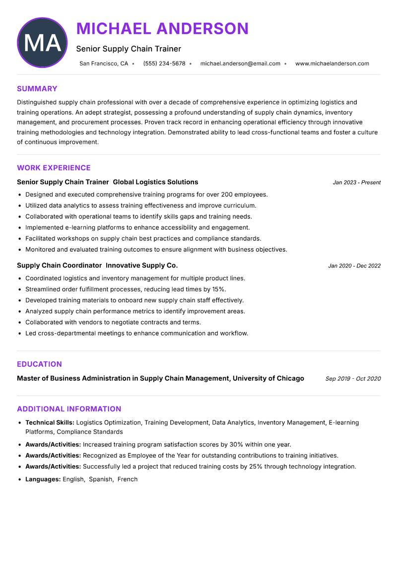 Supply Chain Trainer resume example — ATS-friendly template