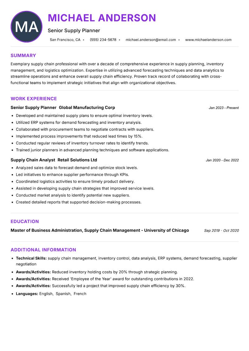 Supply Planner resume example — ATS-friendly template