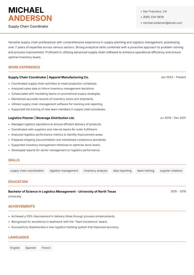 Supply Planner resume template — Modern Professional