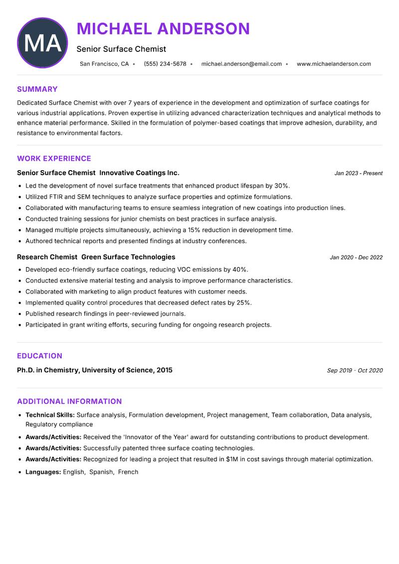 Surface Chemist resume example — ATS-friendly template