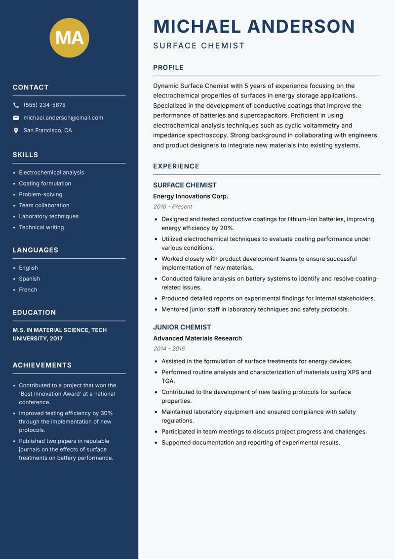 Surface Chemist resume template — Classic Clean
