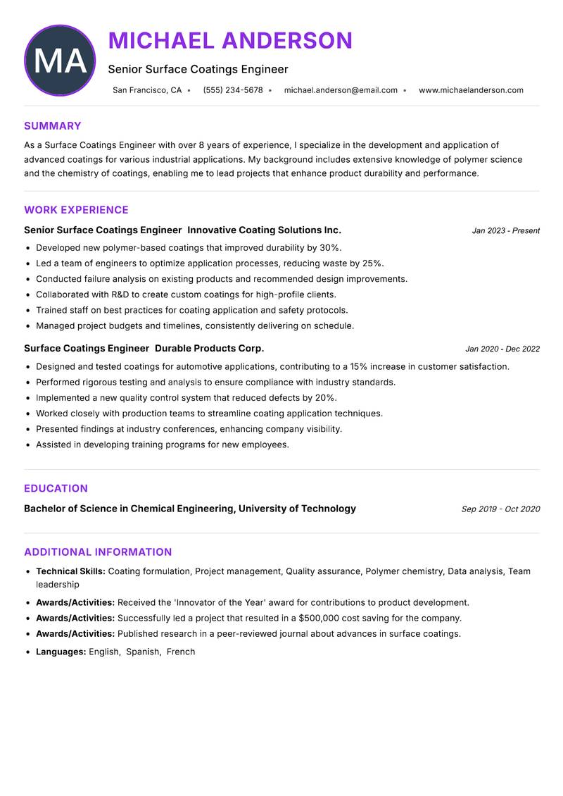 Surface Coatings Engineer resume example — ATS-friendly template