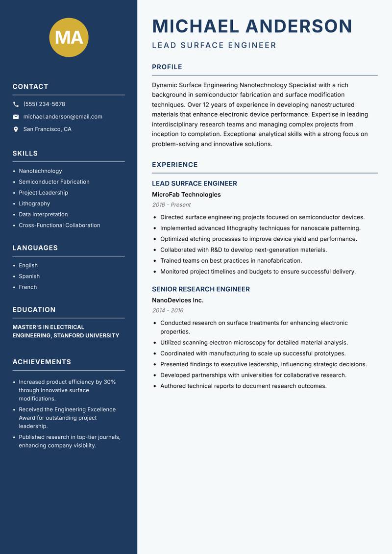 Surface Engineering Nanotechnology Specialist resume template — Classic Clean