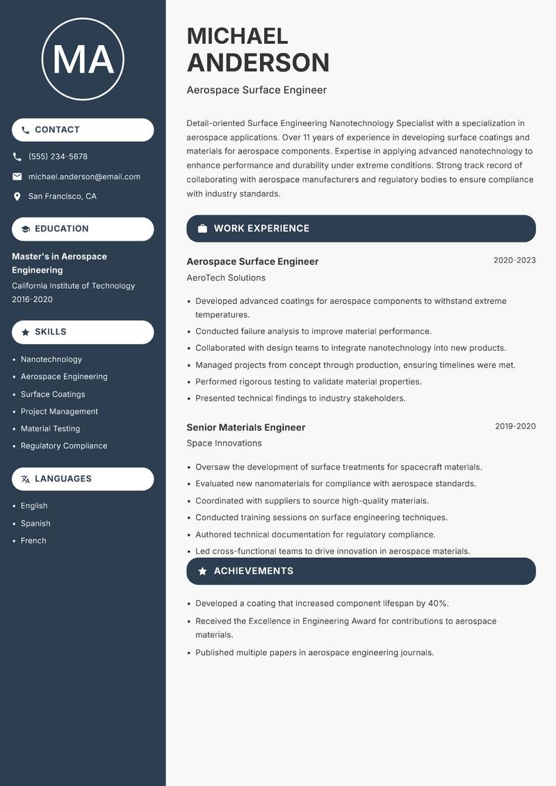 Surface Engineering Nanotechnology Specialist resume template — Compact