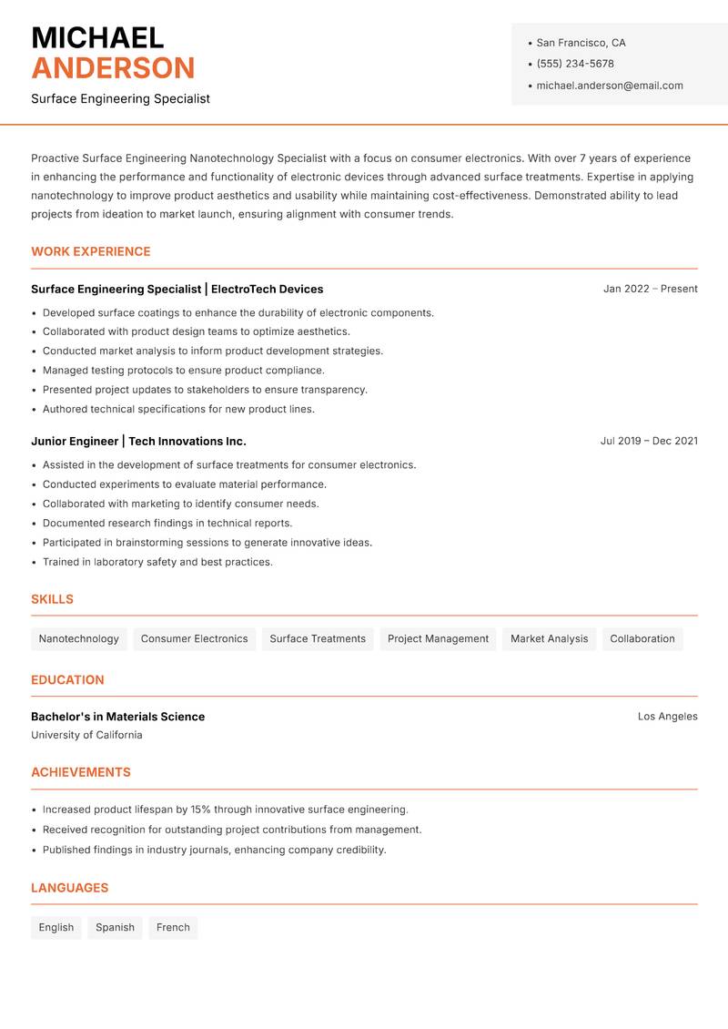 Surface Engineering Nanotechnology Specialist resume template — Modern Professional