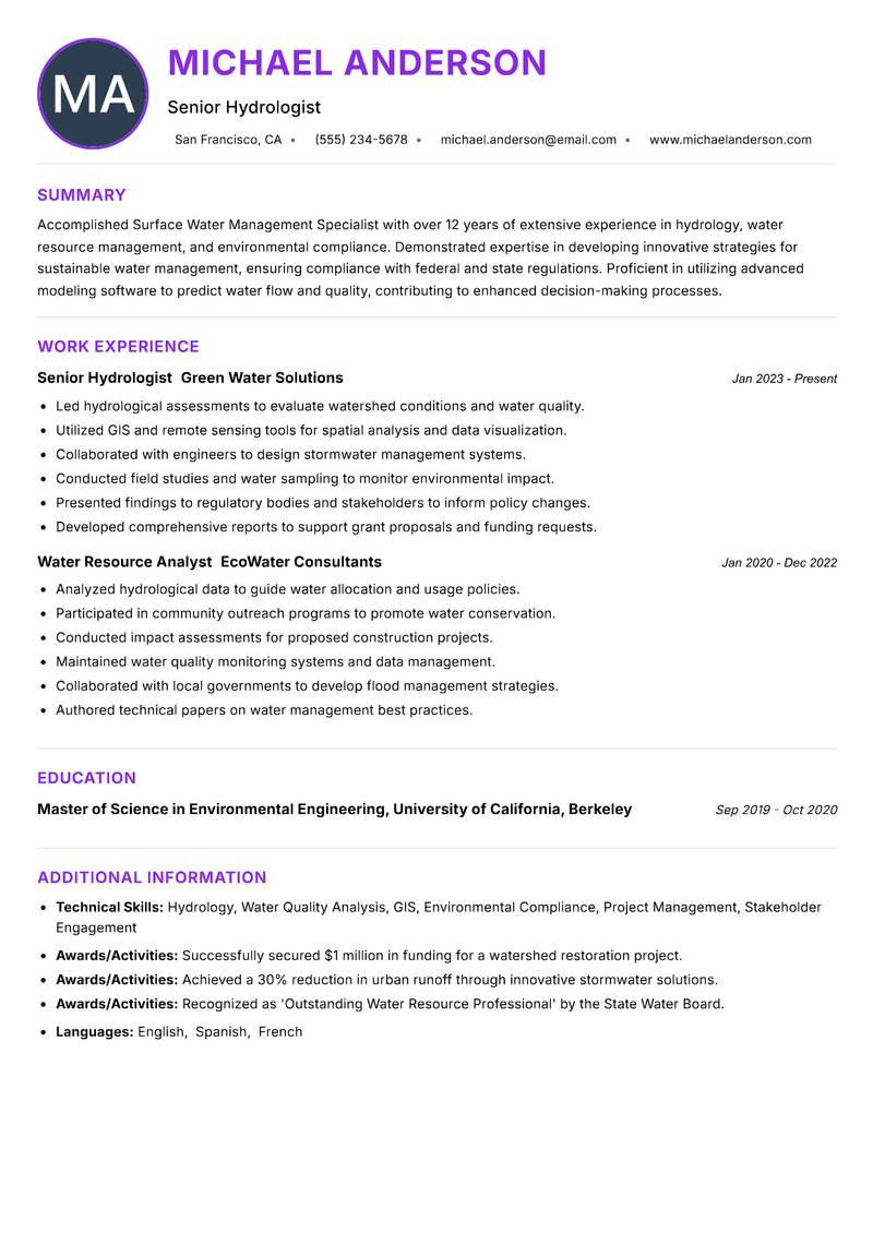 Surface Water Management Specialist resume example — ATS-friendly template