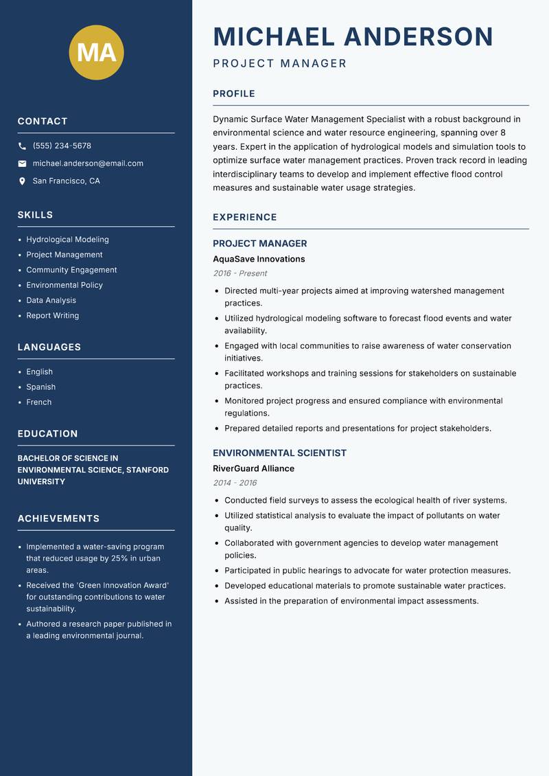 Surface Water Management Specialist resume template — Classic Clean