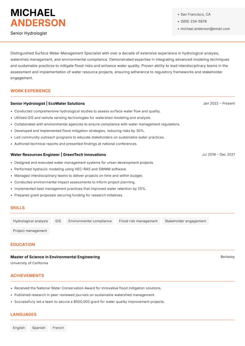 Surface Water Management Specialist resume template — Modern Professional