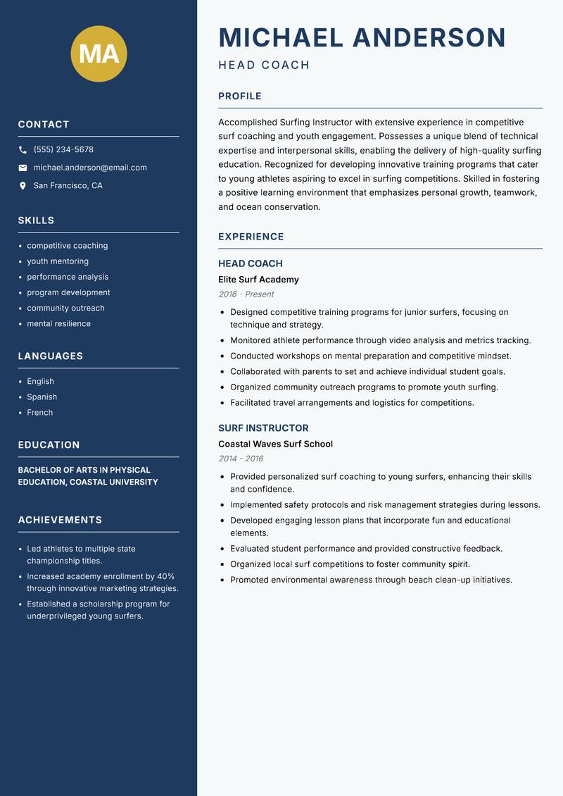 Surfing Instructor resume template — Classic Clean