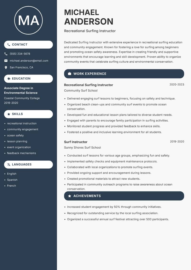 Surfing Instructor resume template — Compact