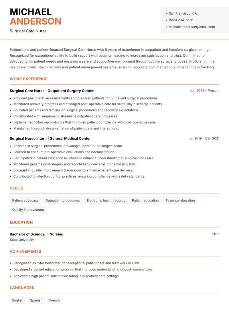 Surgical Care Nurse resume template — Modern Professional