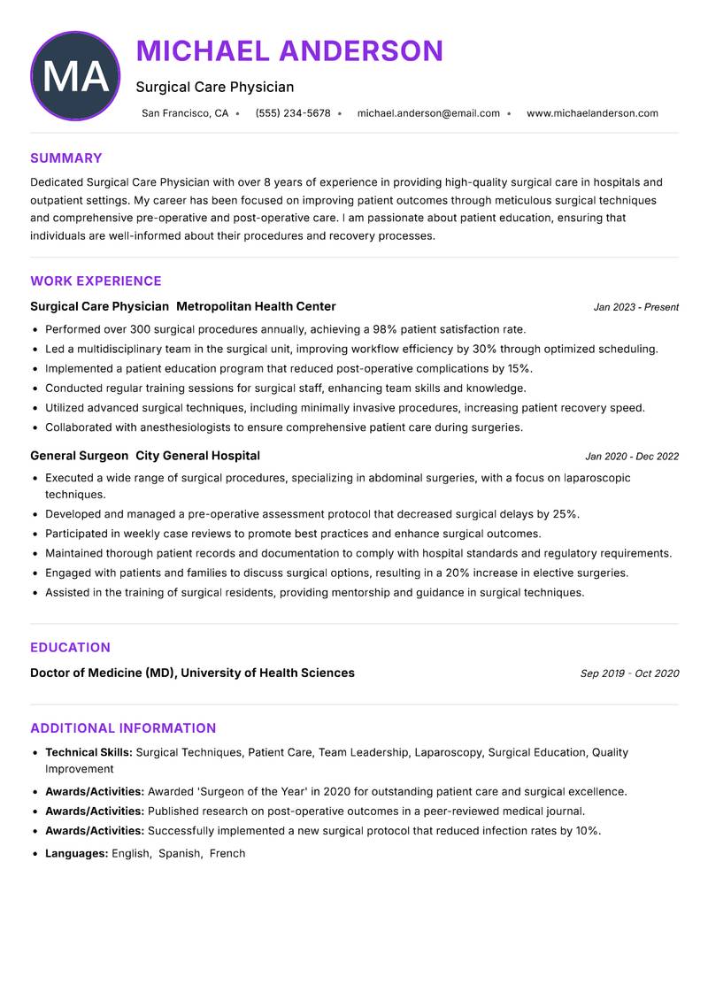 Surgical Care Physician resume example — ATS-friendly template