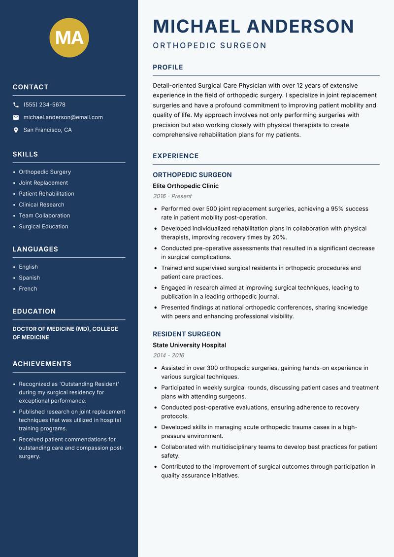 Surgical Care Physician resume template — Classic Clean