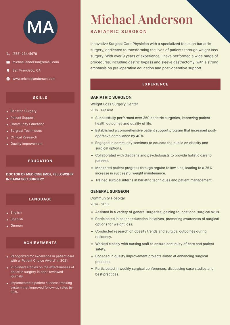 Surgical Care Physician resume template — Two Column