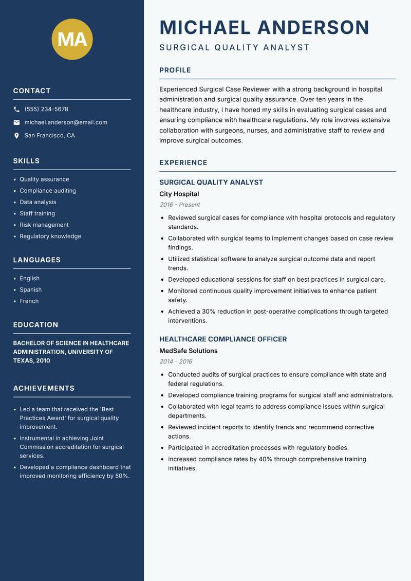 Surgical Case Reviewer resume template — Classic Clean