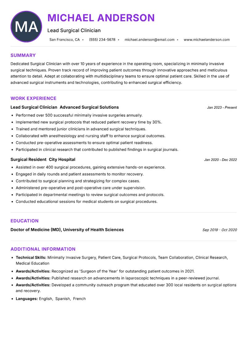 Surgical Clinician resume example — ATS-friendly template