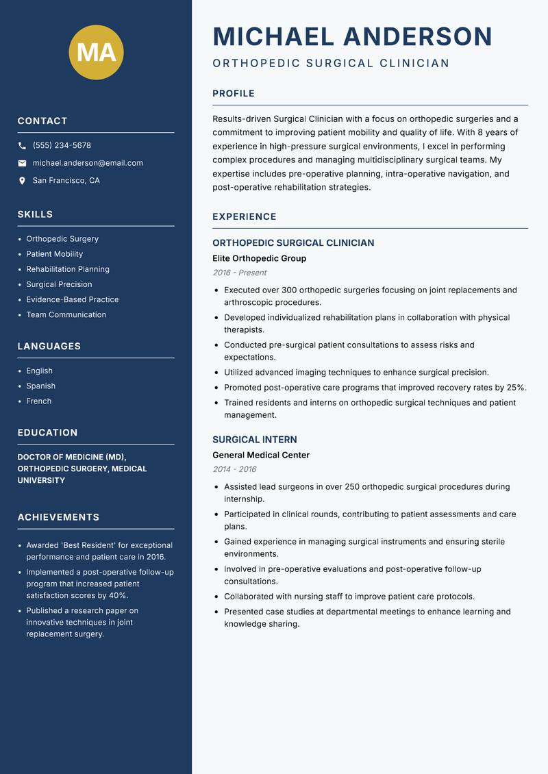Surgical Clinician resume template — Classic Clean