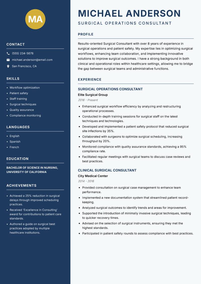 Surgical Consultant resume template — Classic Clean