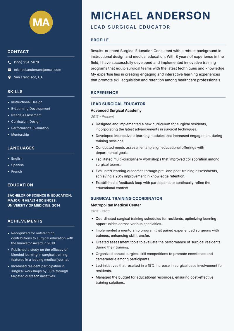 Surgical Education Consultant resume template — Classic Clean