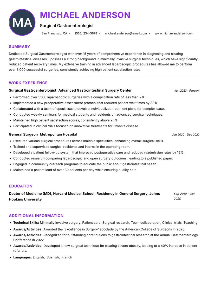 Surgical Gastroenterologist resume example — ATS-friendly template