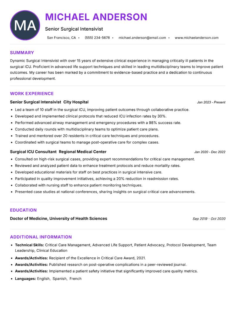 Surgical Intensivist resume example — ATS-friendly template