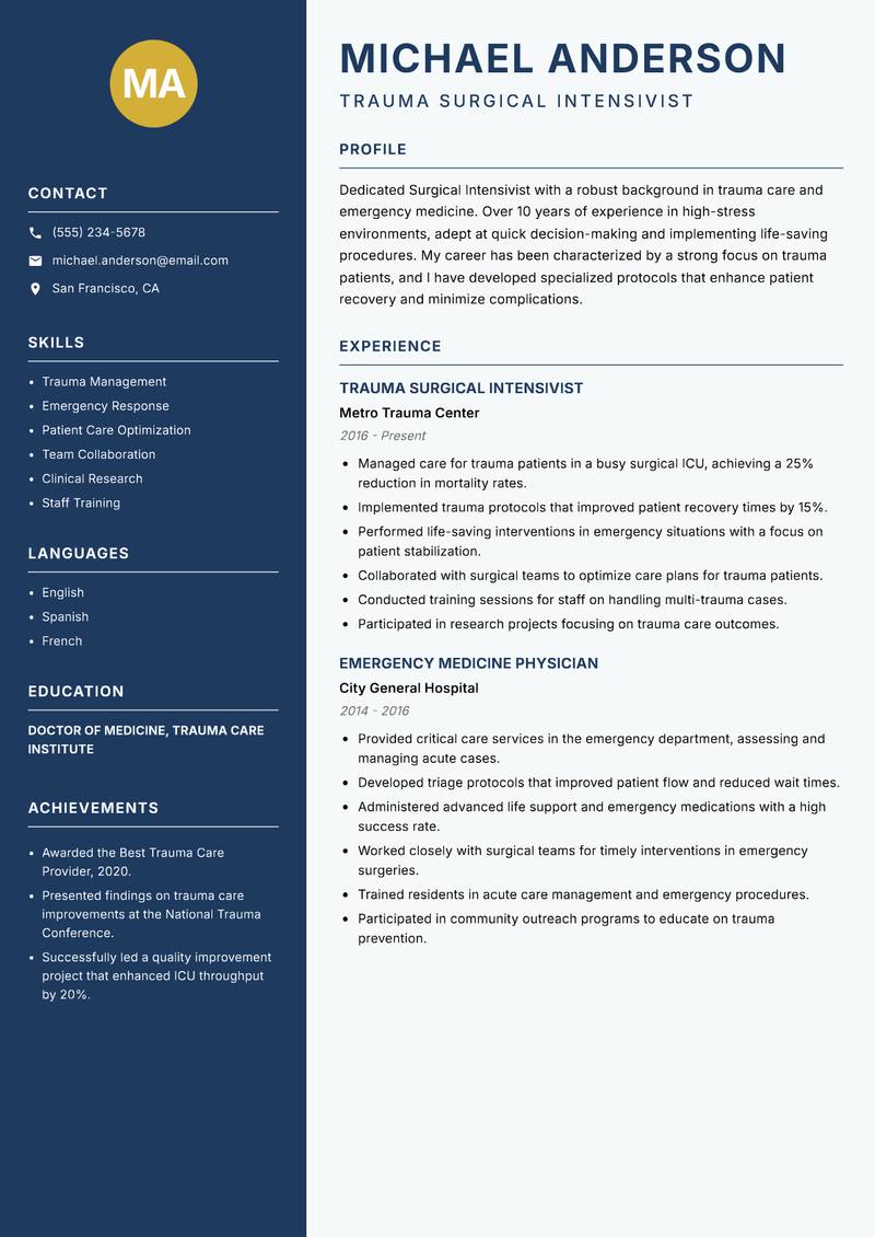 Surgical Intensivist resume template — Classic Clean