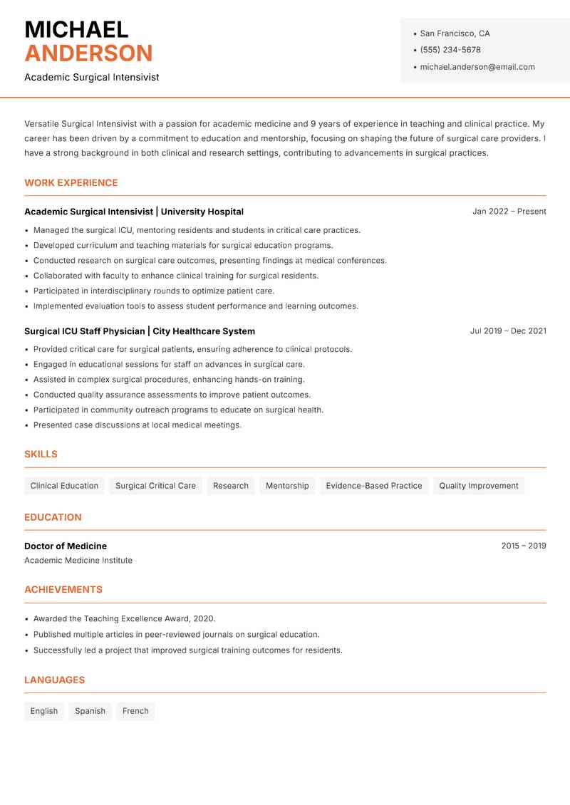 Surgical Intensivist resume template — Modern Professional