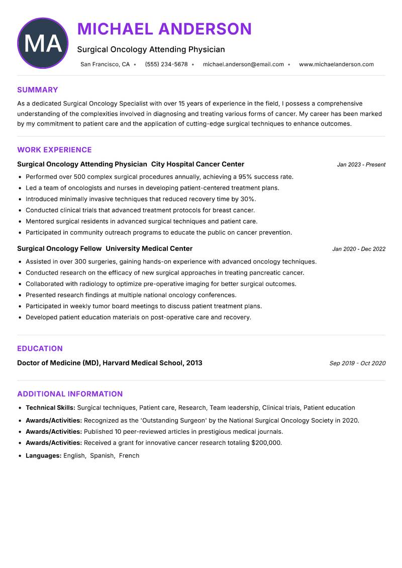 Surgical Oncology Specialist resume example — ATS-friendly template