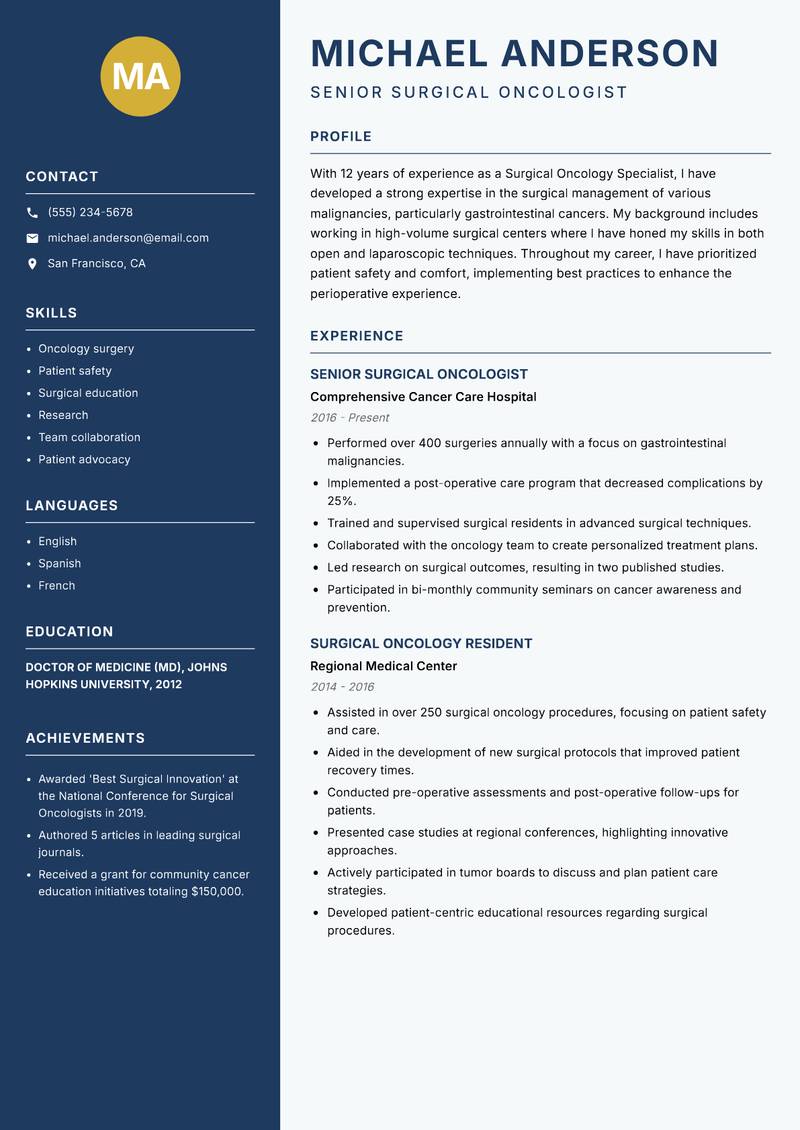 Surgical Oncology Specialist resume template — Classic Clean