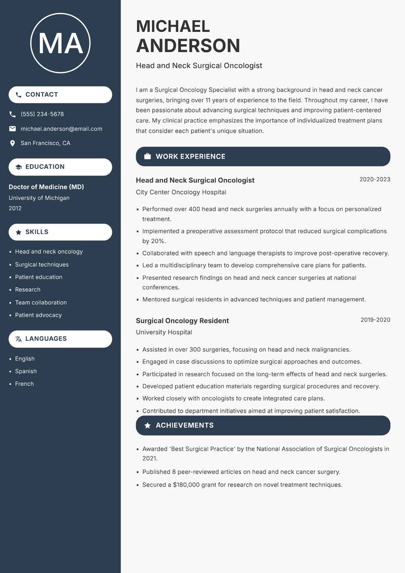 Surgical Oncology Specialist resume template — Compact