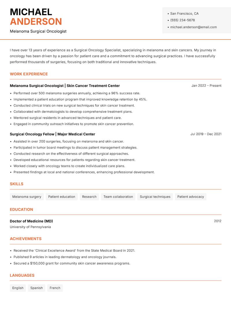 Surgical Oncology Specialist resume template — Modern Professional