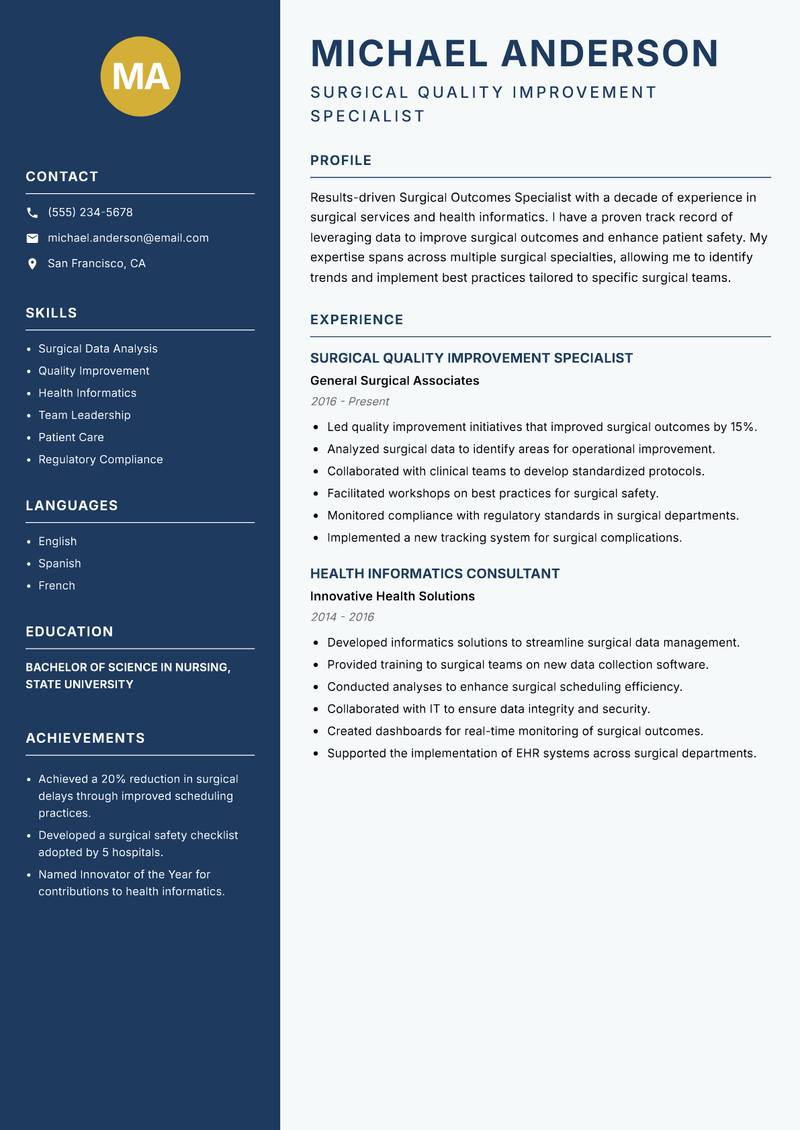 Surgical Outcomes Specialist resume template — Classic Clean