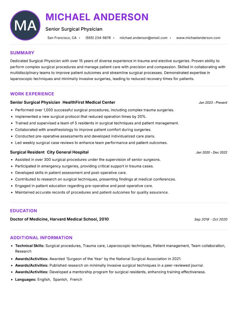 Surgical Physician resume example — ATS-friendly template