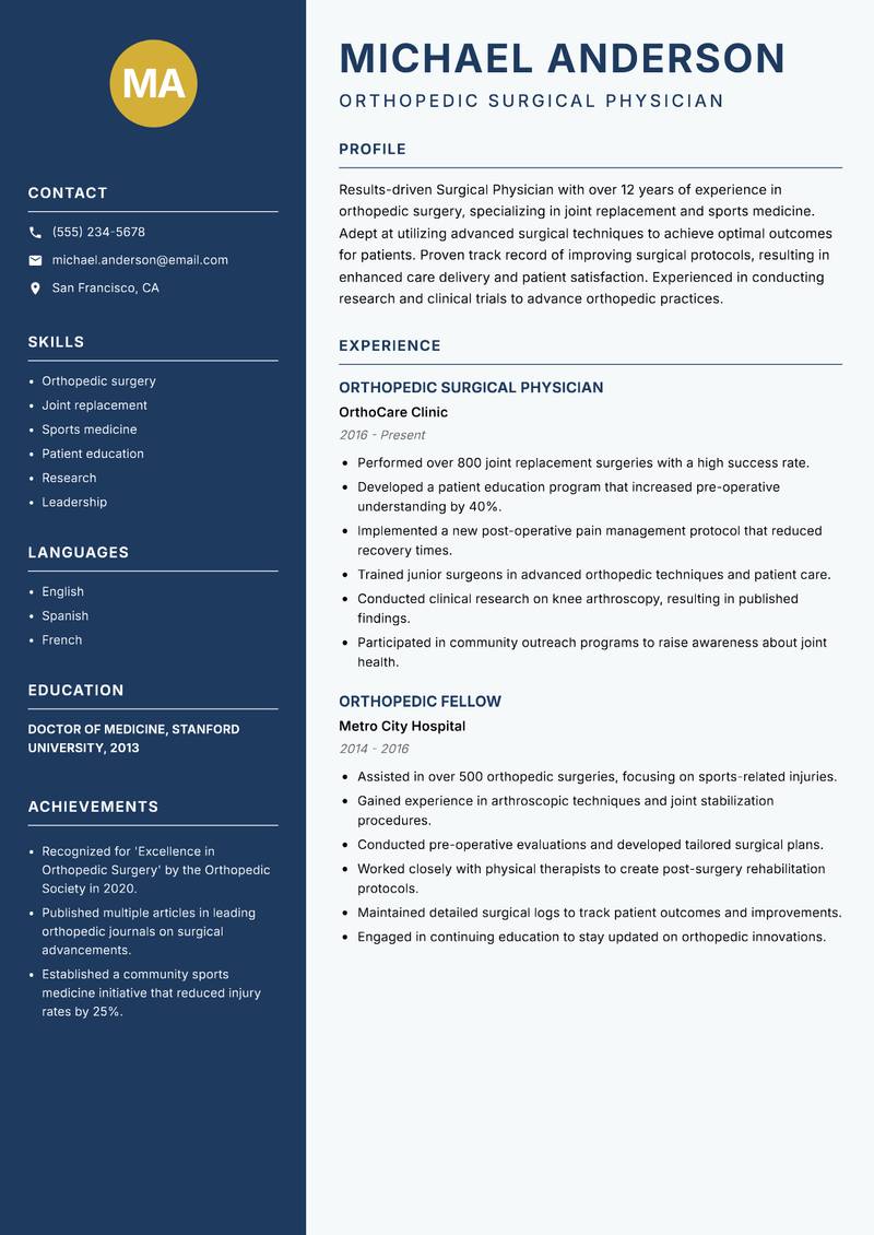 Surgical Physician resume template — Classic Clean
