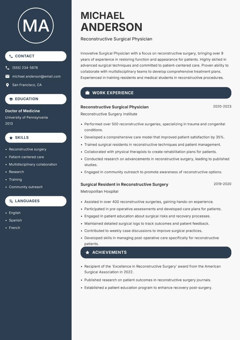 Surgical Physician resume template — Compact