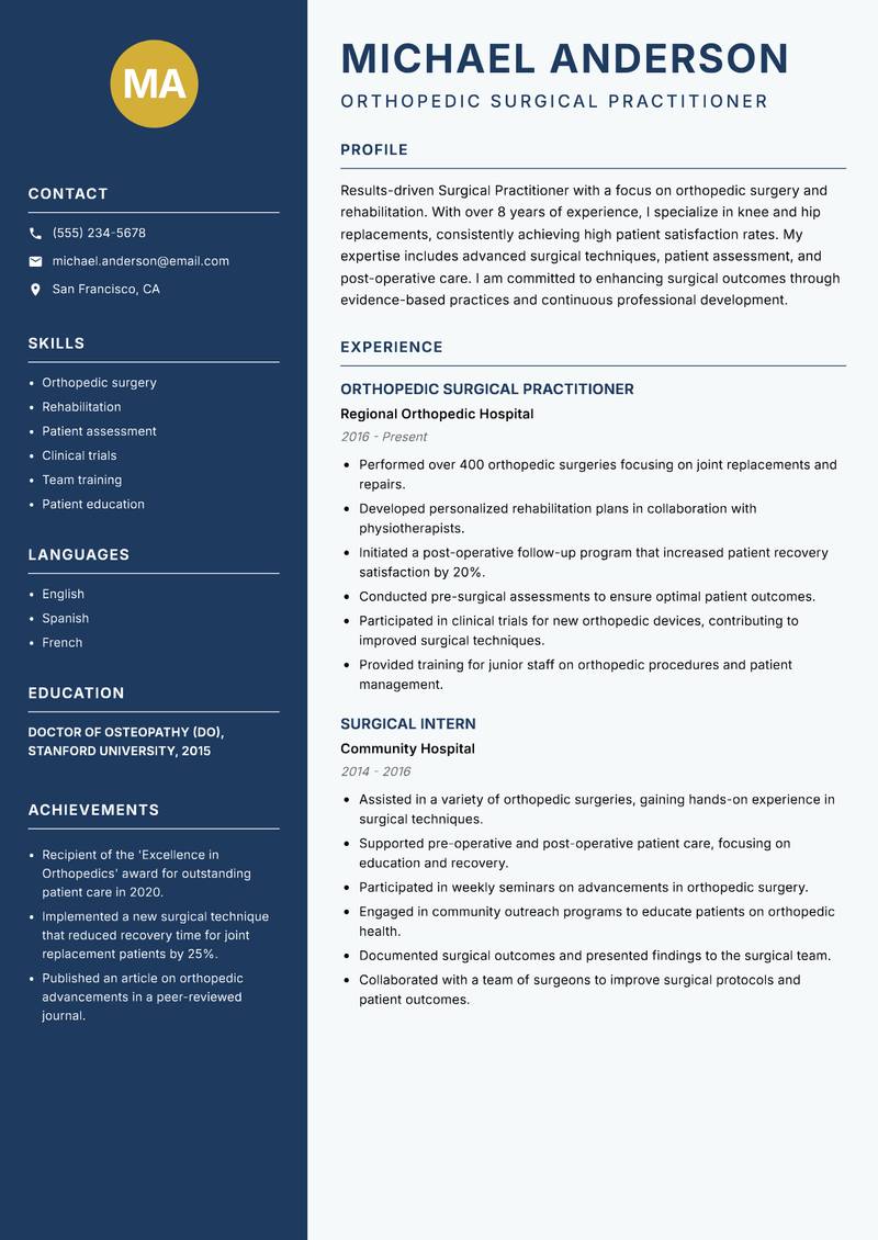 Surgical Practitioner resume template — Classic Clean