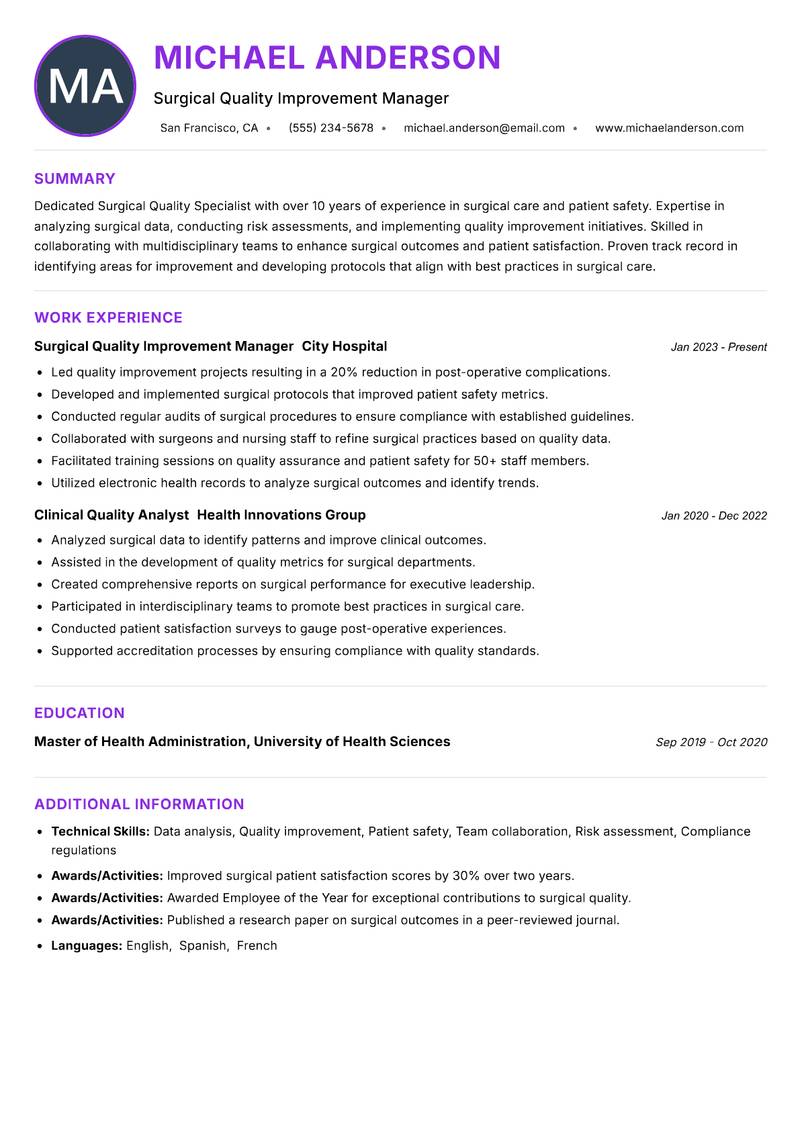 Surgical Quality Specialist resume example — ATS-friendly template