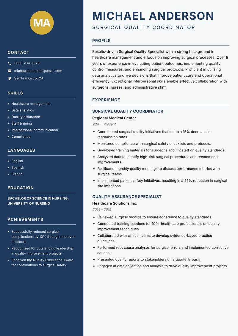 Surgical Quality Specialist resume template — Classic Clean