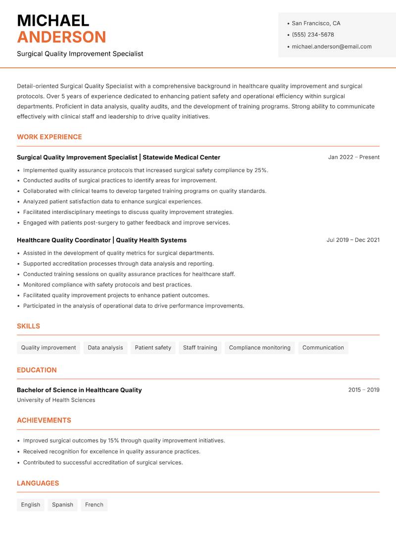 Surgical Quality Specialist resume template — Modern Professional