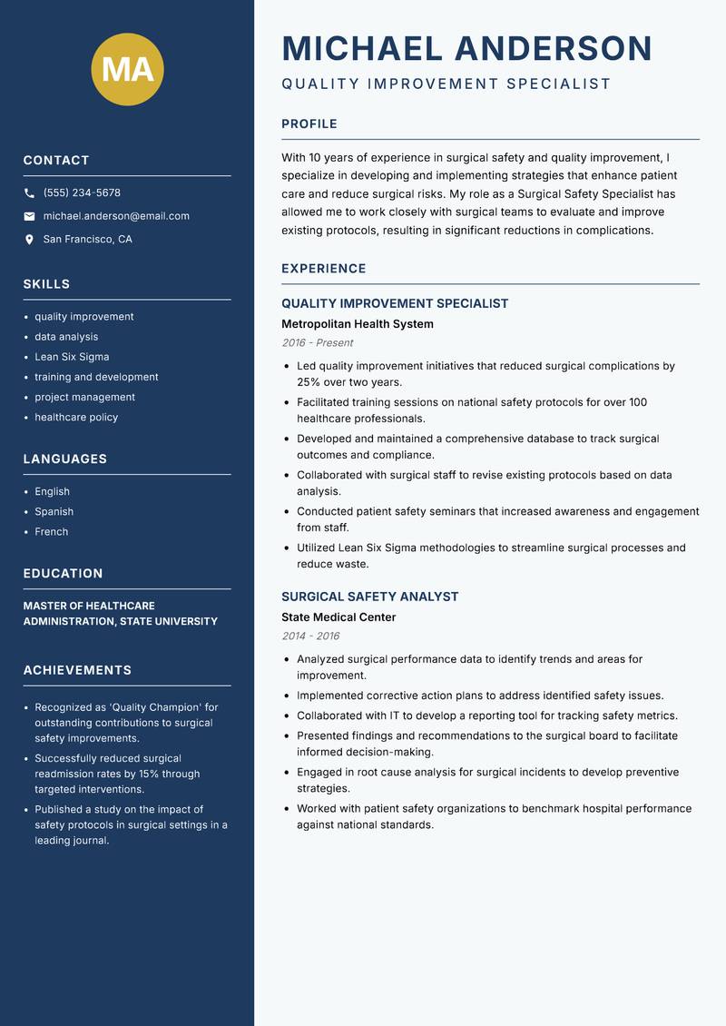 Surgical Safety Specialist resume template — Classic Clean