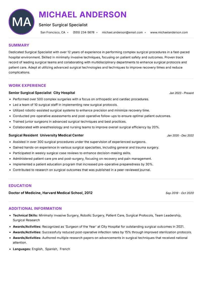 Surgical Specialist resume example — ATS-friendly template