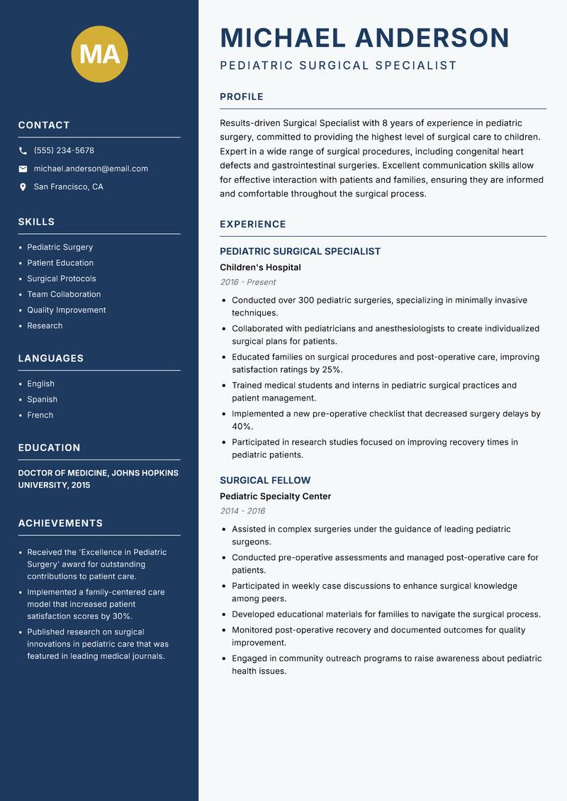 Surgical Specialist resume template — Classic Clean