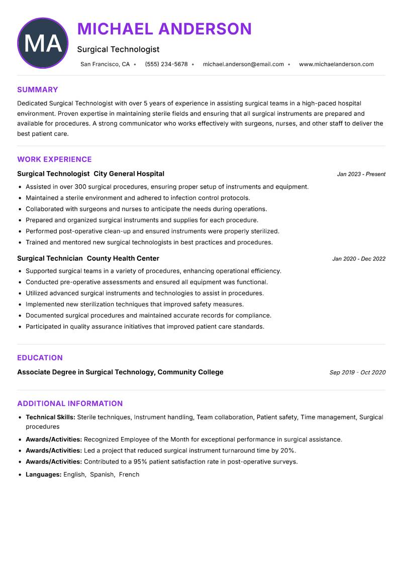 Surgical Technologist resume example — ATS-friendly template